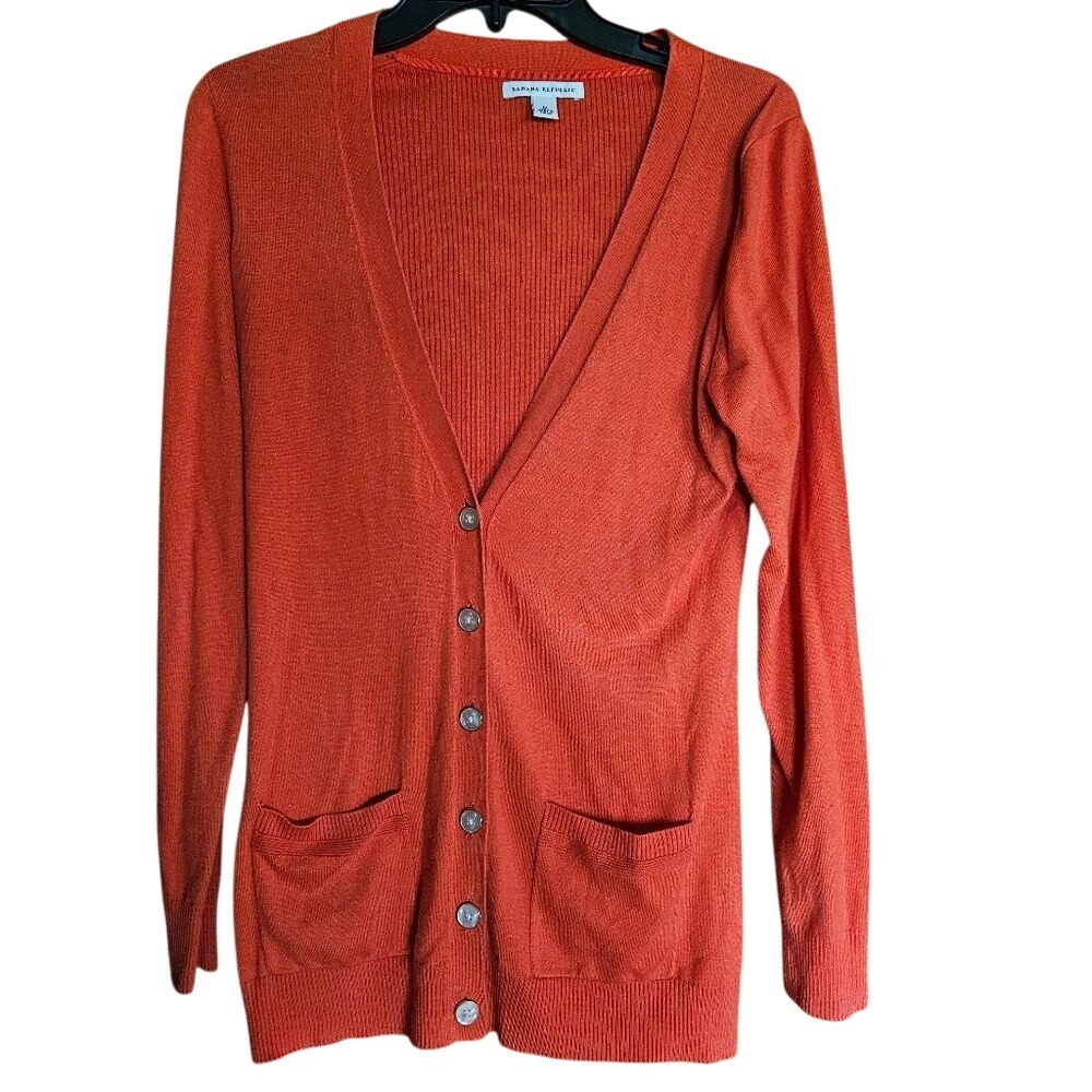 Banana Republic Orange Button‎ Cardigan Medium Cotton Blend V-Neck Pockets M